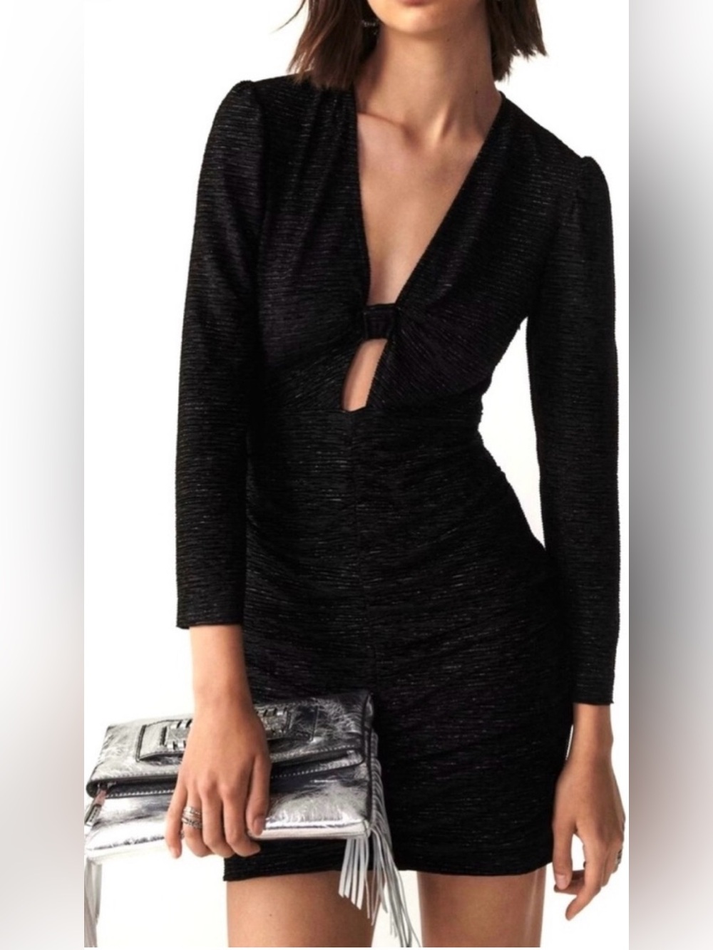 NWOT ba&sh Enola Black Metallic Mini Dress with V-Neck Keyhole - sz 8 (3) - $325
